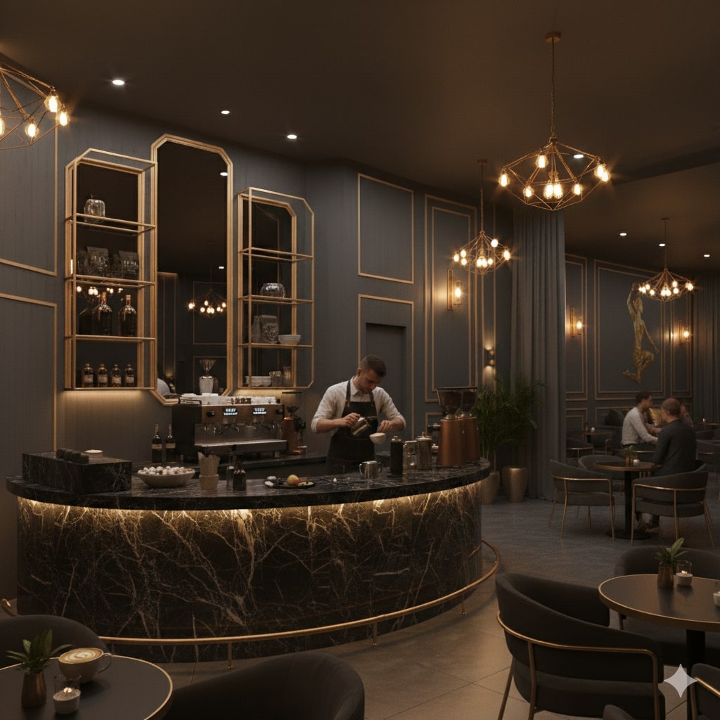 Barista preparing organic coffee with gold-accented equipment