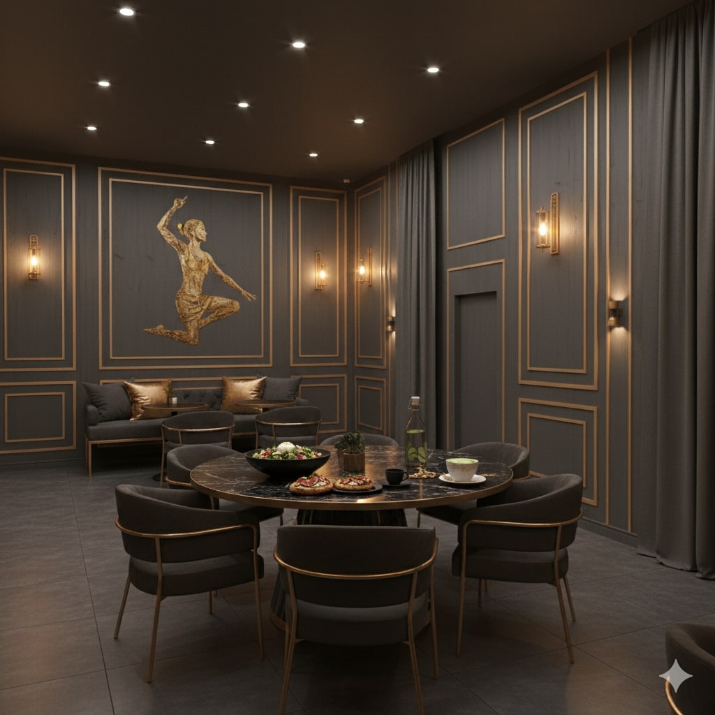 Healthy gourmet dishes presented on elegant golden plates