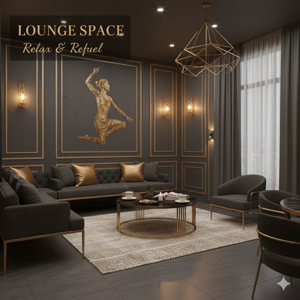 Café lounge with plush seating, plants, and soft lighting